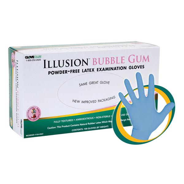 Gloves Exam Illusion Bubble Gum Powder-Free Latex Medium Blue Bubble Gum 100/Bx