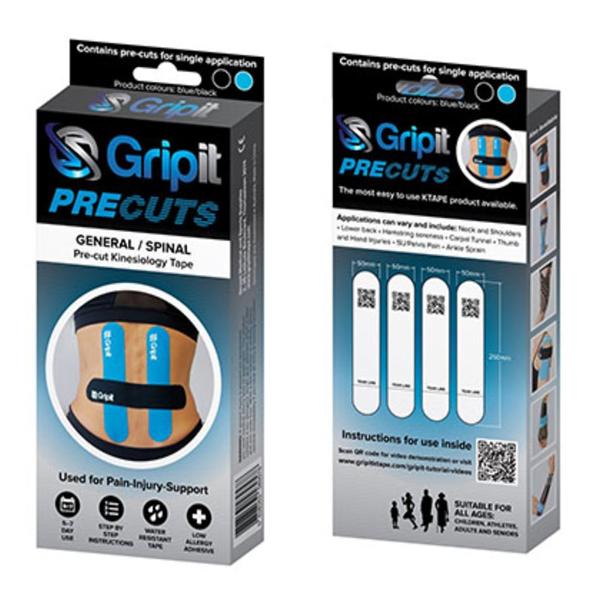 Tape Kinesiology Gripit PRECUT Elastic Strip Low Allergy Adhesive Blue/Black Ea